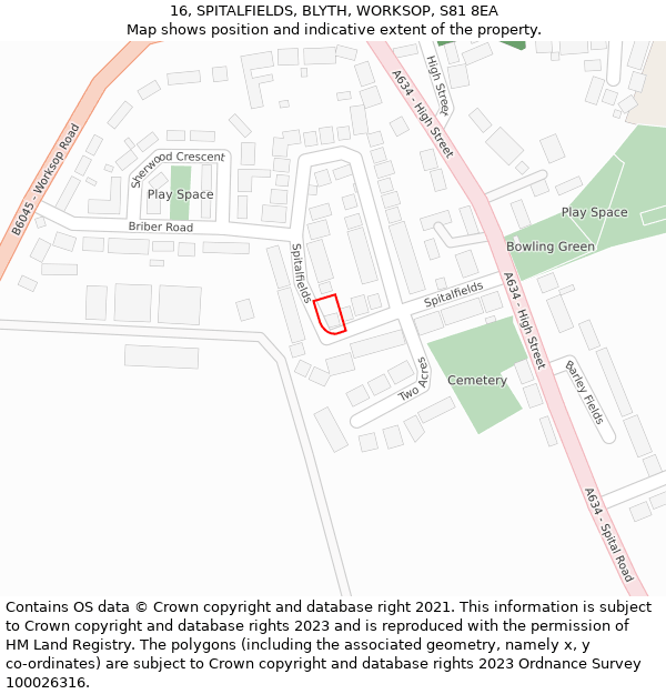 16, SPITALFIELDS, BLYTH, WORKSOP, S81 8EA: Location map and indicative extent of plot