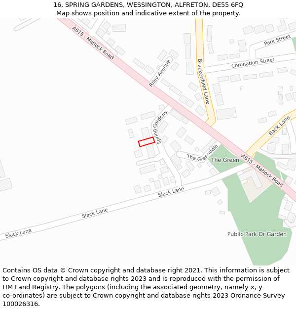 16, SPRING GARDENS, WESSINGTON, ALFRETON, DE55 6FQ: Location map and indicative extent of plot