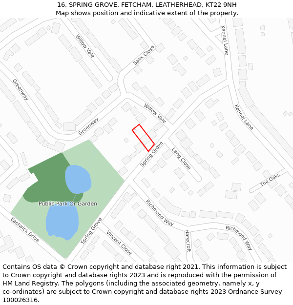 16, SPRING GROVE, FETCHAM, LEATHERHEAD, KT22 9NH: Location map and indicative extent of plot