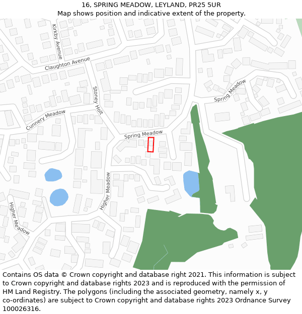 16, SPRING MEADOW, LEYLAND, PR25 5UR: Location map and indicative extent of plot