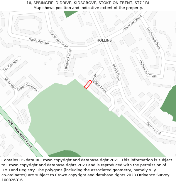 16, SPRINGFIELD DRIVE, KIDSGROVE, STOKE-ON-TRENT, ST7 1BL: Location map and indicative extent of plot