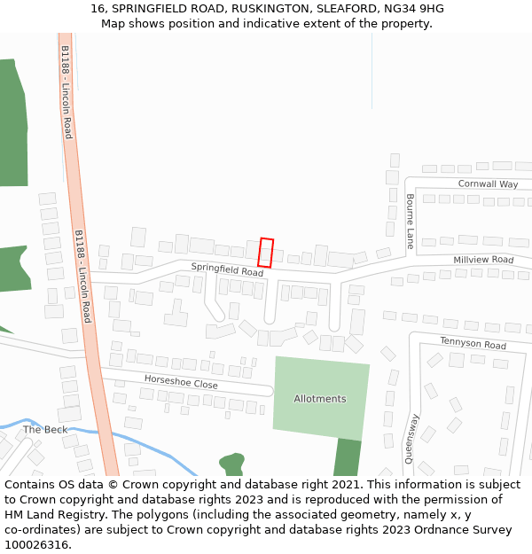 16, SPRINGFIELD ROAD, RUSKINGTON, SLEAFORD, NG34 9HG: Location map and indicative extent of plot