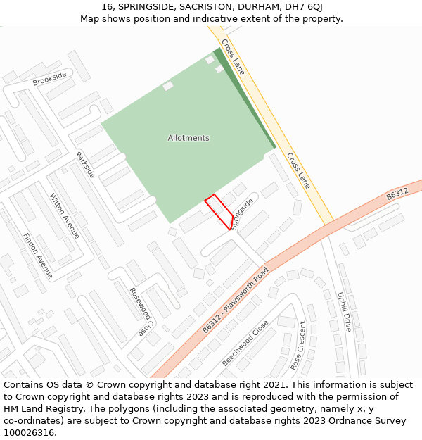 16, SPRINGSIDE, SACRISTON, DURHAM, DH7 6QJ: Location map and indicative extent of plot