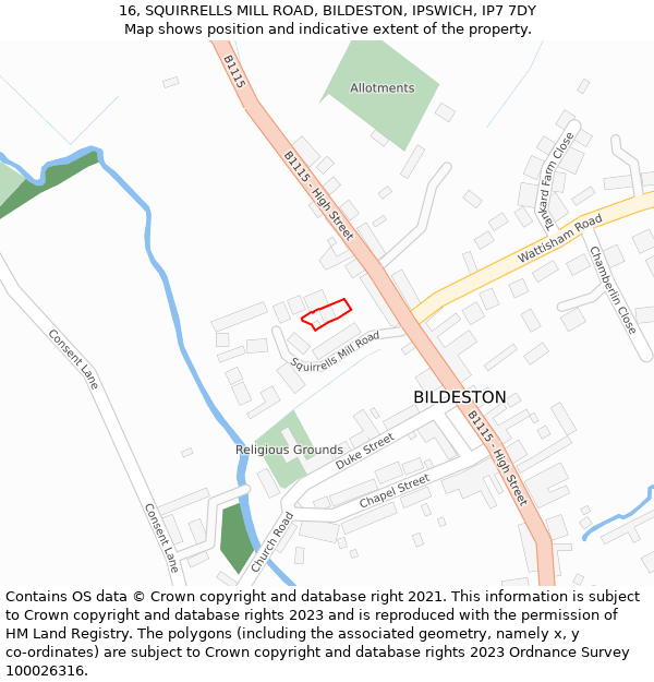 16, SQUIRRELLS MILL ROAD, BILDESTON, IPSWICH, IP7 7DY: Location map and indicative extent of plot