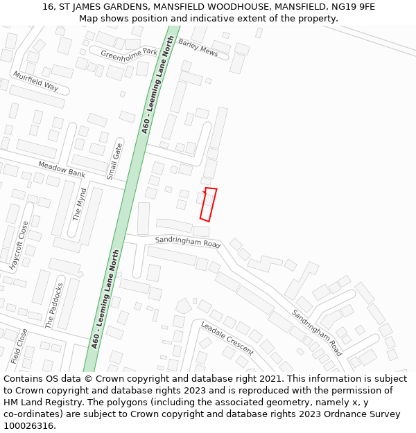 16, ST JAMES GARDENS, MANSFIELD WOODHOUSE, MANSFIELD, NG19 9FE: Location map and indicative extent of plot