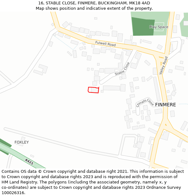 16, STABLE CLOSE, FINMERE, BUCKINGHAM, MK18 4AD: Location map and indicative extent of plot