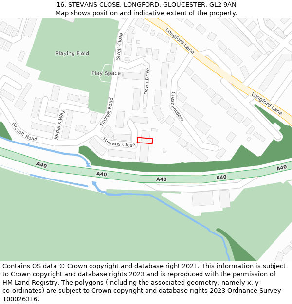 16, STEVANS CLOSE, LONGFORD, GLOUCESTER, GL2 9AN: Location map and indicative extent of plot