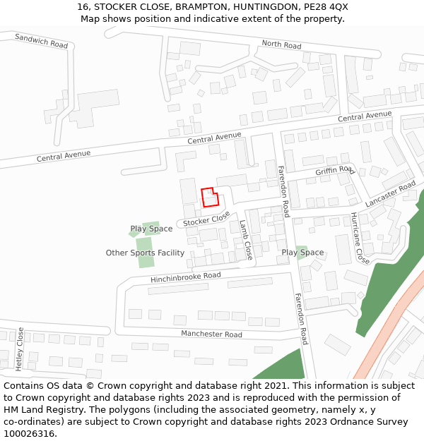 16, STOCKER CLOSE, BRAMPTON, HUNTINGDON, PE28 4QX: Location map and indicative extent of plot