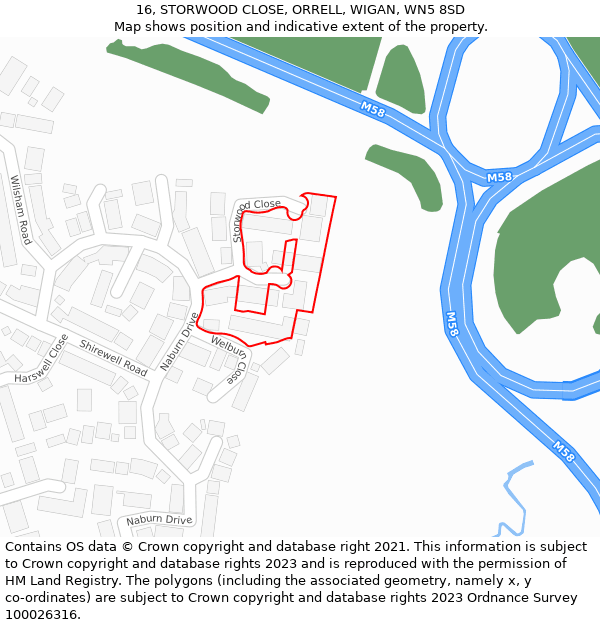 16, STORWOOD CLOSE, ORRELL, WIGAN, WN5 8SD: Location map and indicative extent of plot