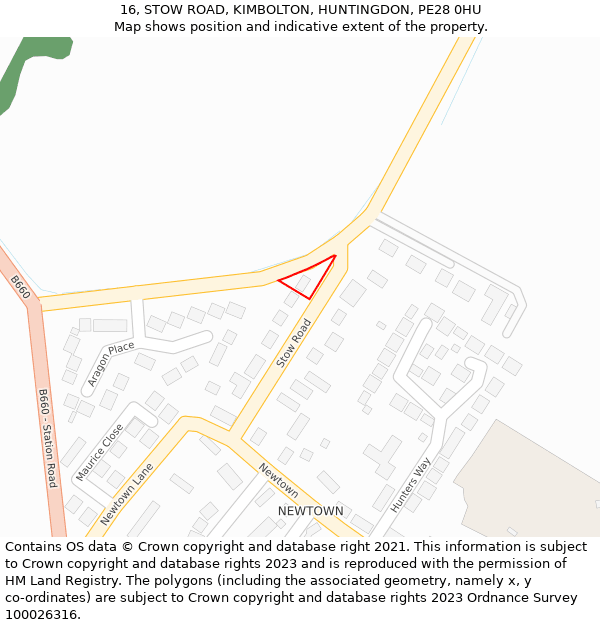 16, STOW ROAD, KIMBOLTON, HUNTINGDON, PE28 0HU: Location map and indicative extent of plot