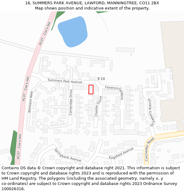 16, SUMMERS PARK AVENUE, LAWFORD, MANNINGTREE, CO11 2BX: Location map and indicative extent of plot