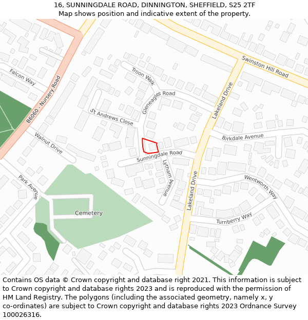 16, SUNNINGDALE ROAD, DINNINGTON, SHEFFIELD, S25 2TF: Location map and indicative extent of plot