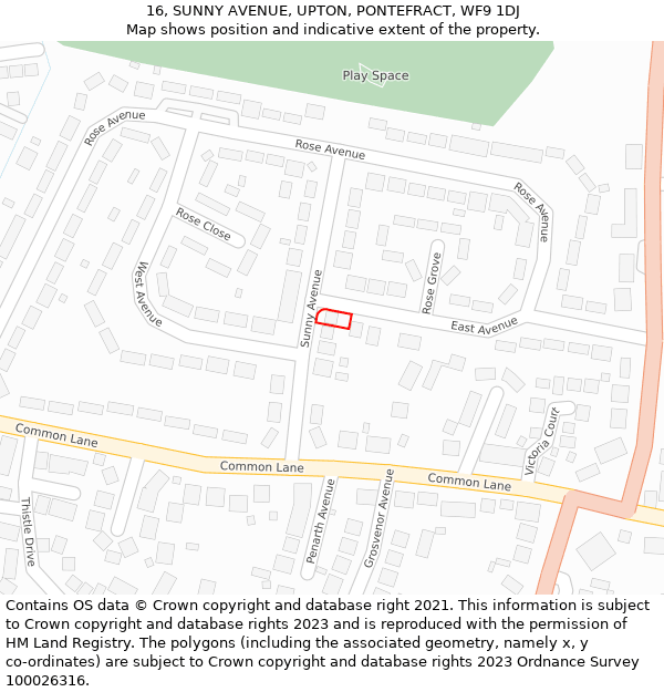 16, SUNNY AVENUE, UPTON, PONTEFRACT, WF9 1DJ: Location map and indicative extent of plot