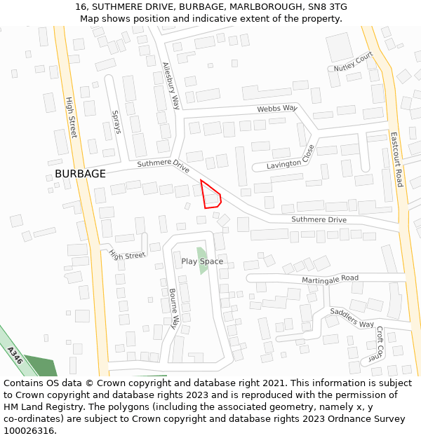 16, SUTHMERE DRIVE, BURBAGE, MARLBOROUGH, SN8 3TG: Location map and indicative extent of plot