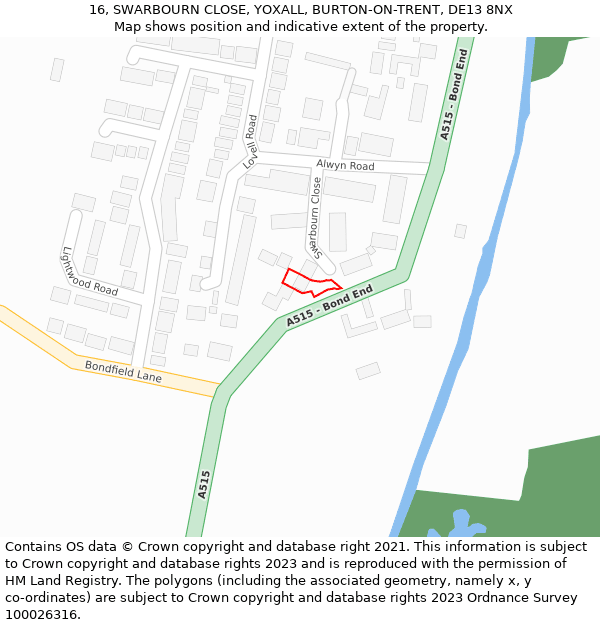 16, SWARBOURN CLOSE, YOXALL, BURTON-ON-TRENT, DE13 8NX: Location map and indicative extent of plot