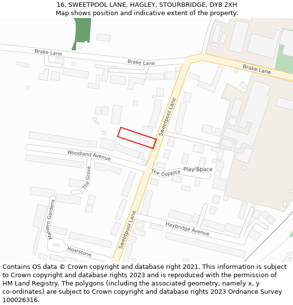 16, SWEETPOOL LANE, HAGLEY, STOURBRIDGE, DY8 2XH: Location map and indicative extent of plot