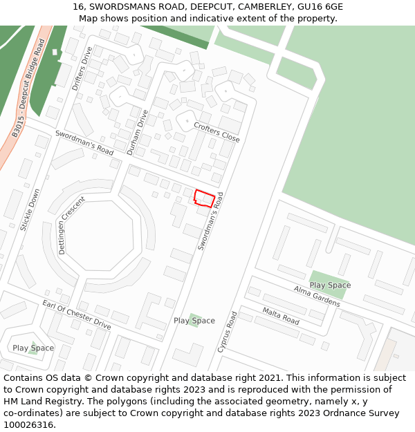 16, SWORDSMANS ROAD, DEEPCUT, CAMBERLEY, GU16 6GE: Location map and indicative extent of plot