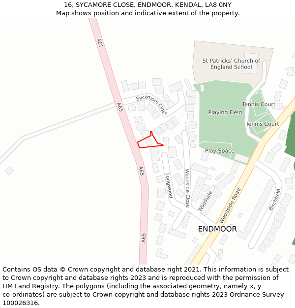 16, SYCAMORE CLOSE, ENDMOOR, KENDAL, LA8 0NY: Location map and indicative extent of plot