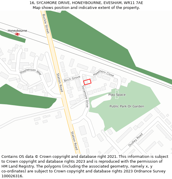 16, SYCAMORE DRIVE, HONEYBOURNE, EVESHAM, WR11 7AE: Location map and indicative extent of plot