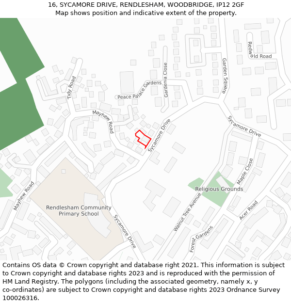 16, SYCAMORE DRIVE, RENDLESHAM, WOODBRIDGE, IP12 2GF: Location map and indicative extent of plot