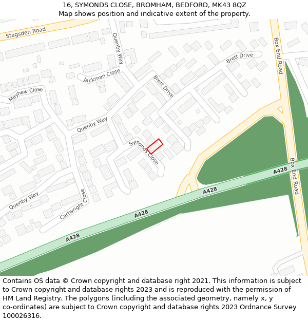 16, SYMONDS CLOSE, BROMHAM, BEDFORD, MK43 8QZ: Location map and indicative extent of plot