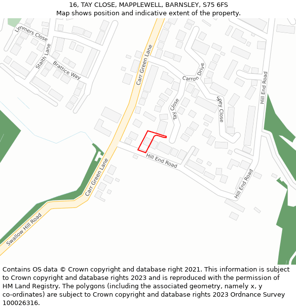 16, TAY CLOSE, MAPPLEWELL, BARNSLEY, S75 6FS: Location map and indicative extent of plot