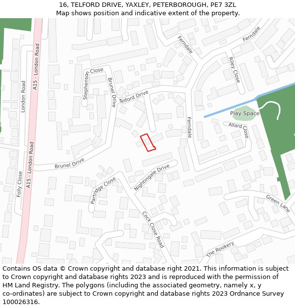 16, TELFORD DRIVE, YAXLEY, PETERBOROUGH, PE7 3ZL: Location map and indicative extent of plot