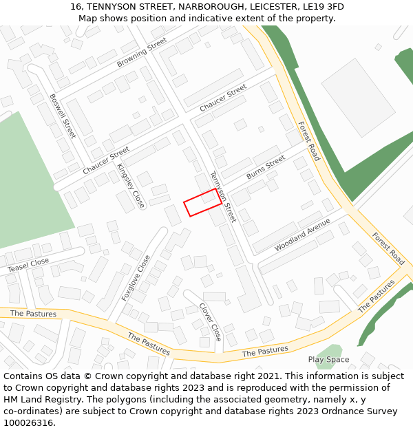 16, TENNYSON STREET, NARBOROUGH, LEICESTER, LE19 3FD: Location map and indicative extent of plot