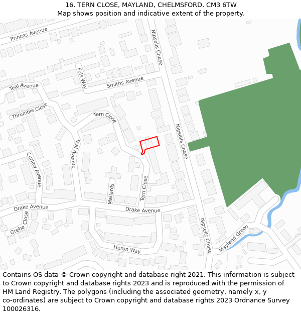 16, TERN CLOSE, MAYLAND, CHELMSFORD, CM3 6TW: Location map and indicative extent of plot