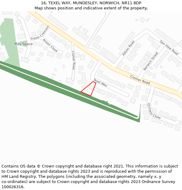 16, TEXEL WAY, MUNDESLEY, NORWICH, NR11 8DP: Location map and indicative extent of plot