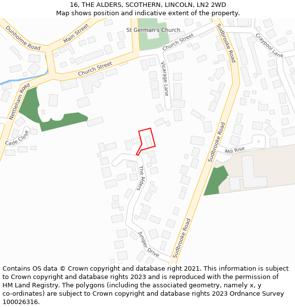 16, THE ALDERS, SCOTHERN, LINCOLN, LN2 2WD: Location map and indicative extent of plot