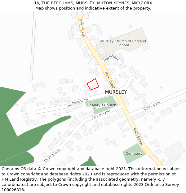 16, THE BEECHAMS, MURSLEY, MILTON KEYNES, MK17 0RX: Location map and indicative extent of plot