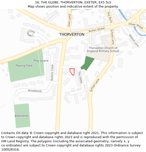 16, THE GLEBE, THORVERTON, EXETER, EX5 5LS: Location map and indicative extent of plot