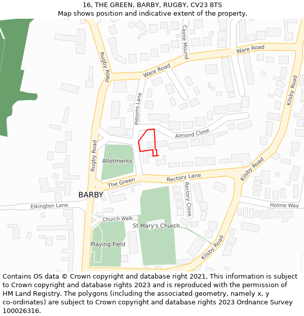 16, THE GREEN, BARBY, RUGBY, CV23 8TS: Location map and indicative extent of plot