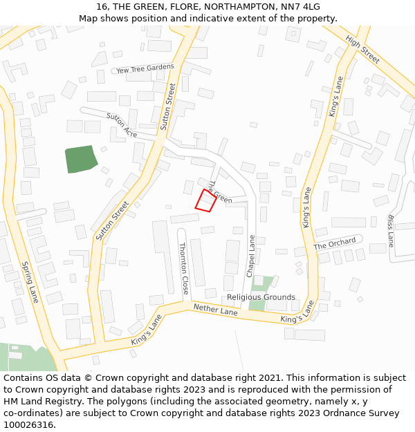 16, THE GREEN, FLORE, NORTHAMPTON, NN7 4LG: Location map and indicative extent of plot