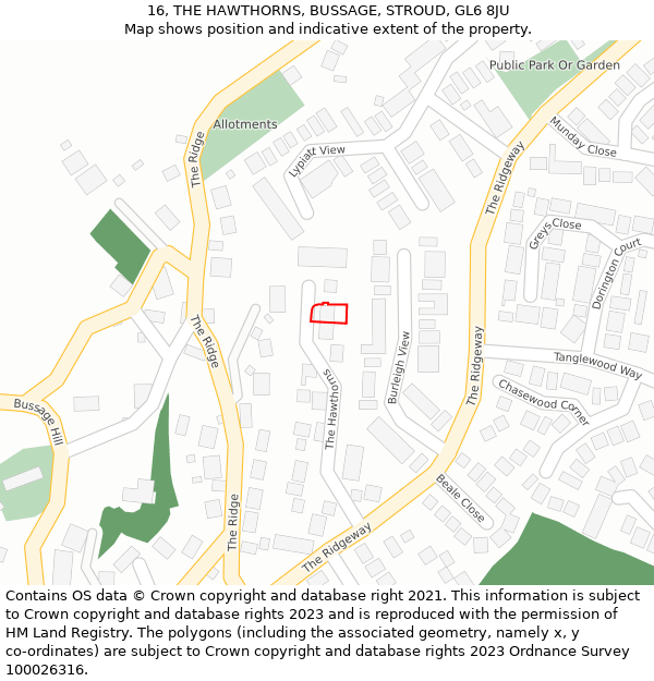 16, THE HAWTHORNS, BUSSAGE, STROUD, GL6 8JU: Location map and indicative extent of plot