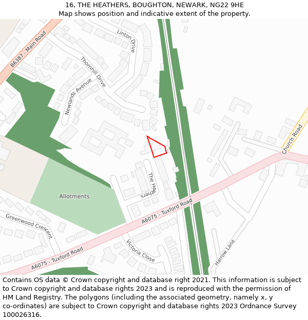 16, THE HEATHERS, BOUGHTON, NEWARK, NG22 9HE: Location map and indicative extent of plot