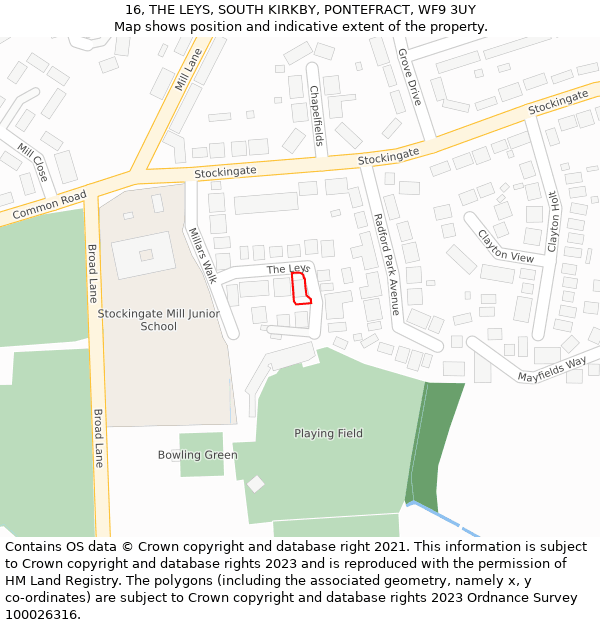 16, THE LEYS, SOUTH KIRKBY, PONTEFRACT, WF9 3UY: Location map and indicative extent of plot