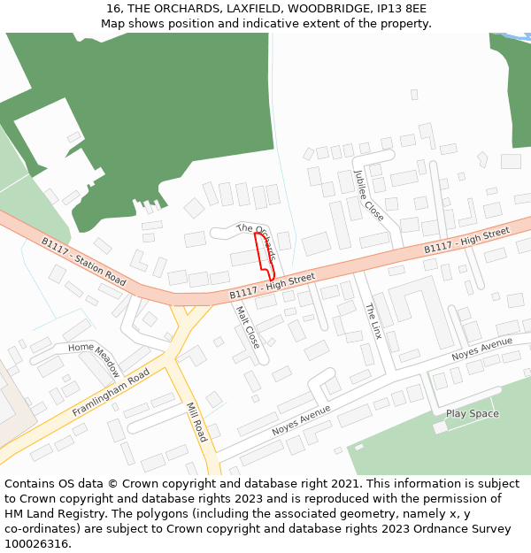 16, THE ORCHARDS, LAXFIELD, WOODBRIDGE, IP13 8EE: Location map and indicative extent of plot