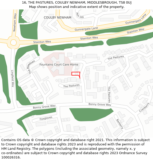 16, THE PASTURES, COULBY NEWHAM, MIDDLESBROUGH, TS8 0UJ: Location map and indicative extent of plot