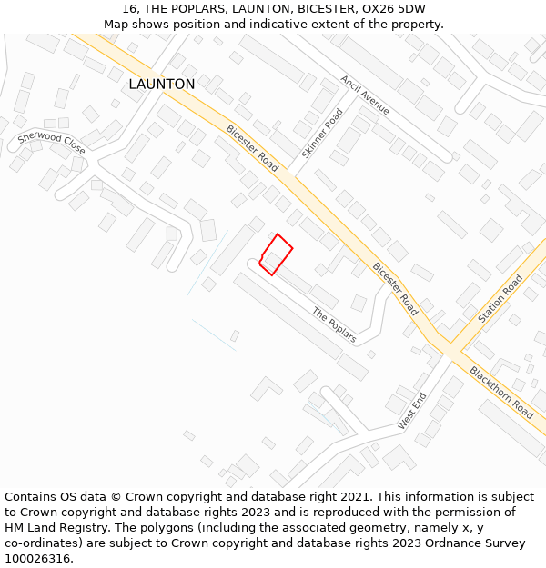 16, THE POPLARS, LAUNTON, BICESTER, OX26 5DW: Location map and indicative extent of plot