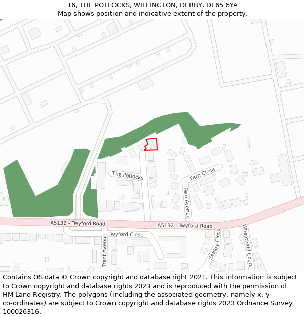 16, THE POTLOCKS, WILLINGTON, DERBY, DE65 6YA: Location map and indicative extent of plot