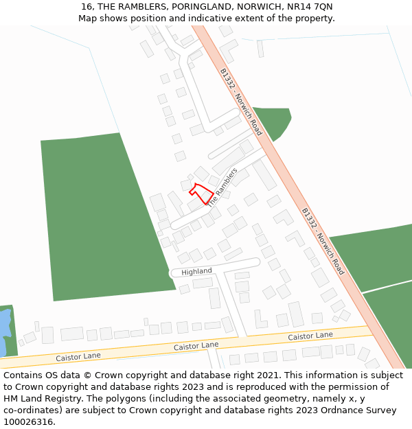 16, THE RAMBLERS, PORINGLAND, NORWICH, NR14 7QN: Location map and indicative extent of plot