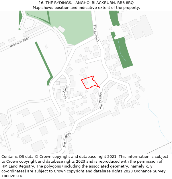 16, THE RYDINGS, LANGHO, BLACKBURN, BB6 8BQ: Location map and indicative extent of plot