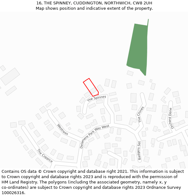 16, THE SPINNEY, CUDDINGTON, NORTHWICH, CW8 2UH: Location map and indicative extent of plot