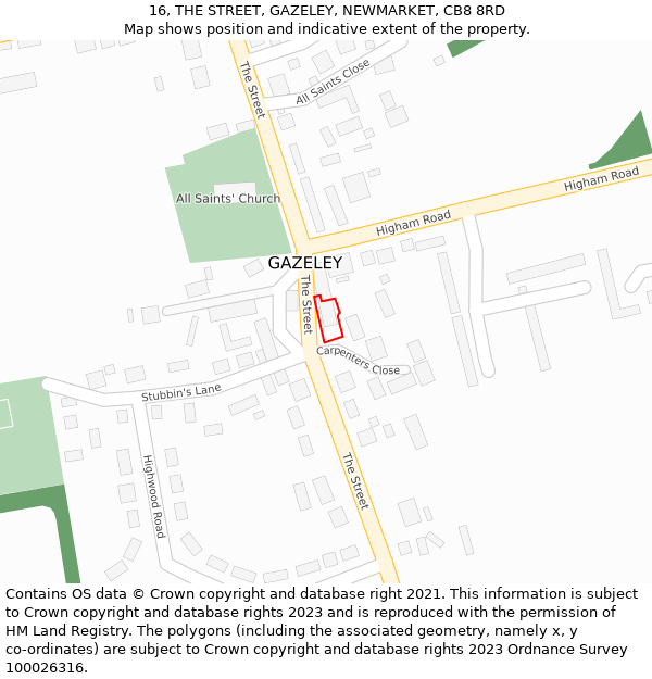 16, THE STREET, GAZELEY, NEWMARKET, CB8 8RD: Location map and indicative extent of plot