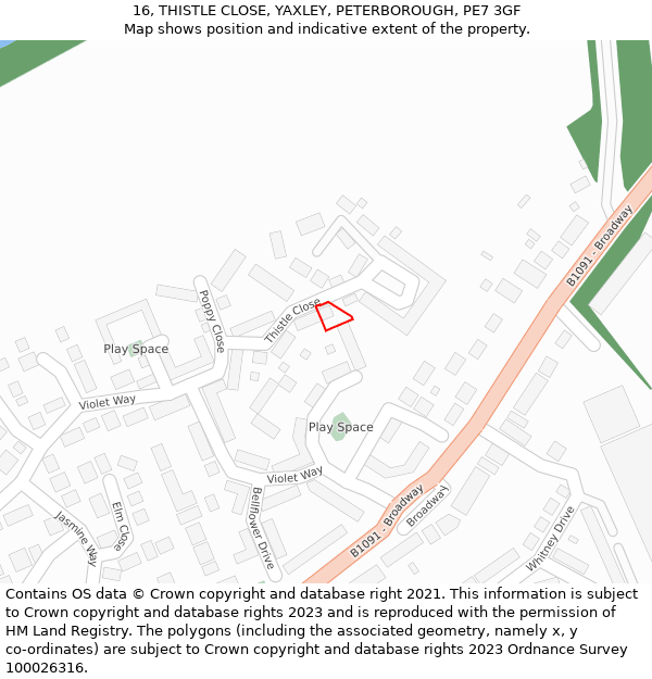 16, THISTLE CLOSE, YAXLEY, PETERBOROUGH, PE7 3GF: Location map and indicative extent of plot