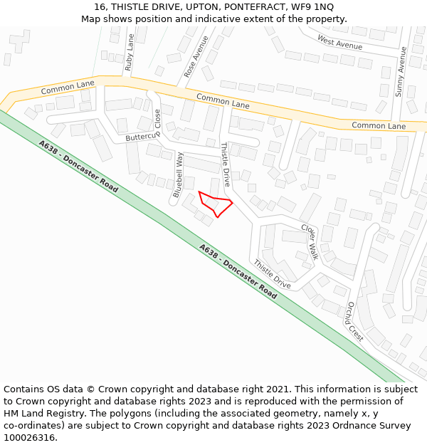 16, THISTLE DRIVE, UPTON, PONTEFRACT, WF9 1NQ: Location map and indicative extent of plot