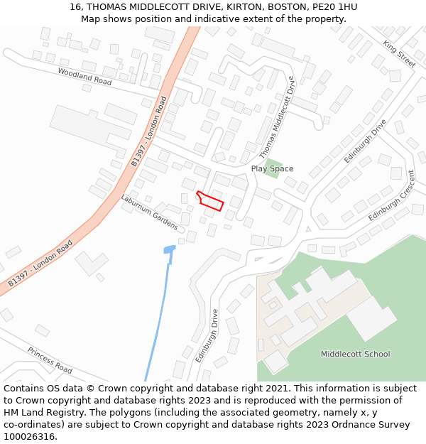 16, THOMAS MIDDLECOTT DRIVE, KIRTON, BOSTON, PE20 1HU: Location map and indicative extent of plot