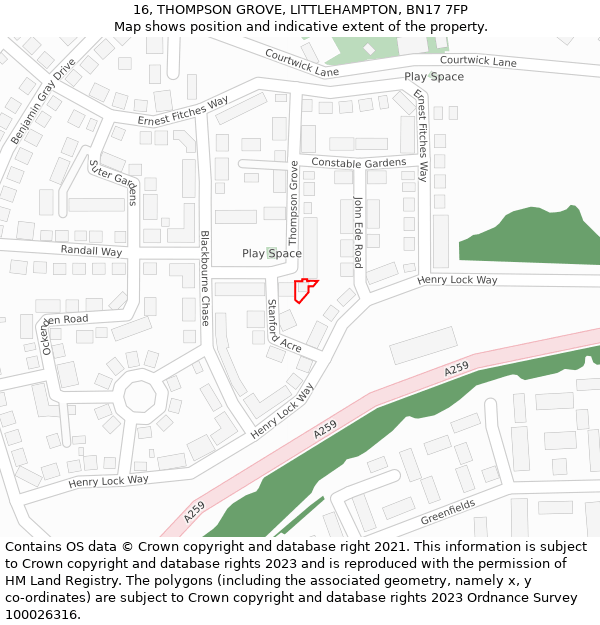 16, THOMPSON GROVE, LITTLEHAMPTON, BN17 7FP: Location map and indicative extent of plot
